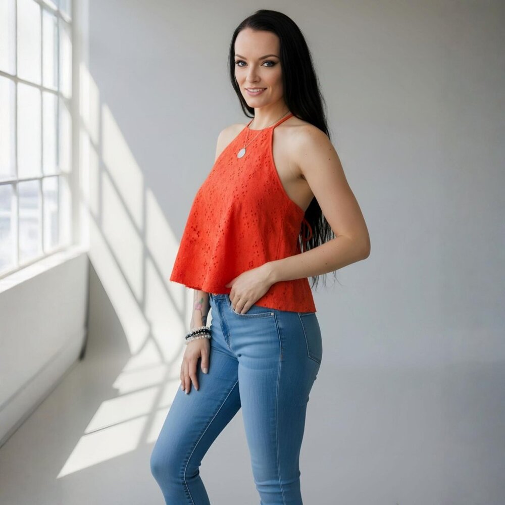 Free People ✦ Orange Eyelet Lace-Up Halter Crop Tank ✦ Cotton Summer Top XS - Picture 1 of 10